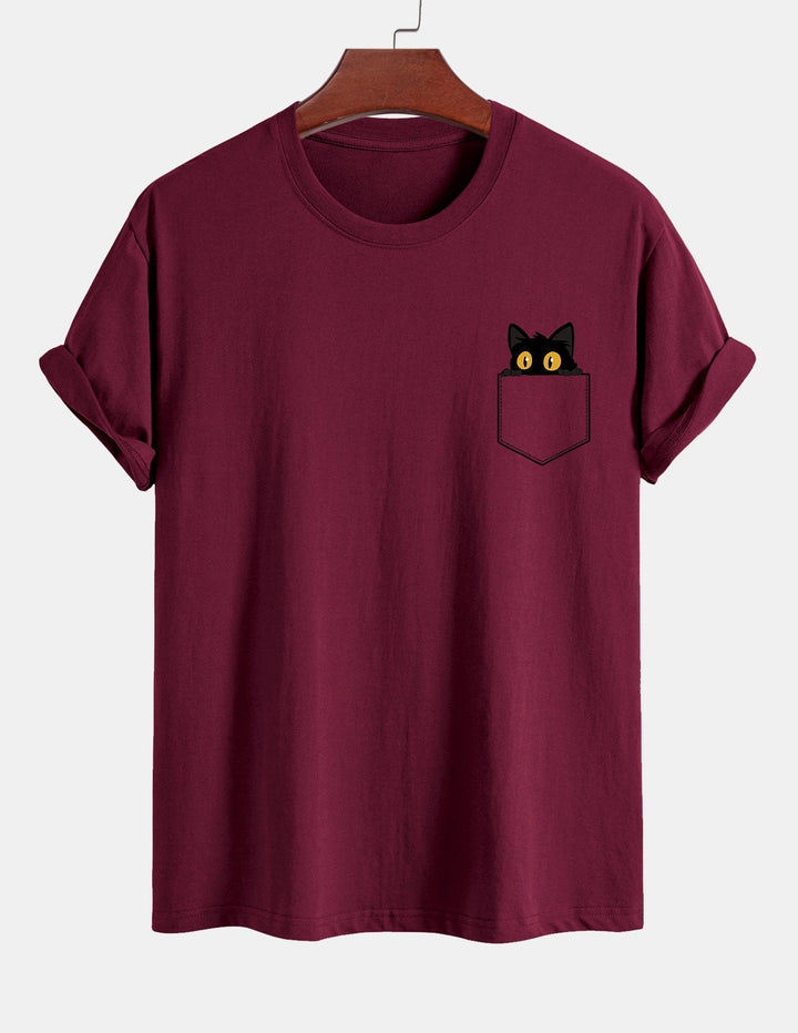 Regular Fit Black Cat Print Cotton T-shirt