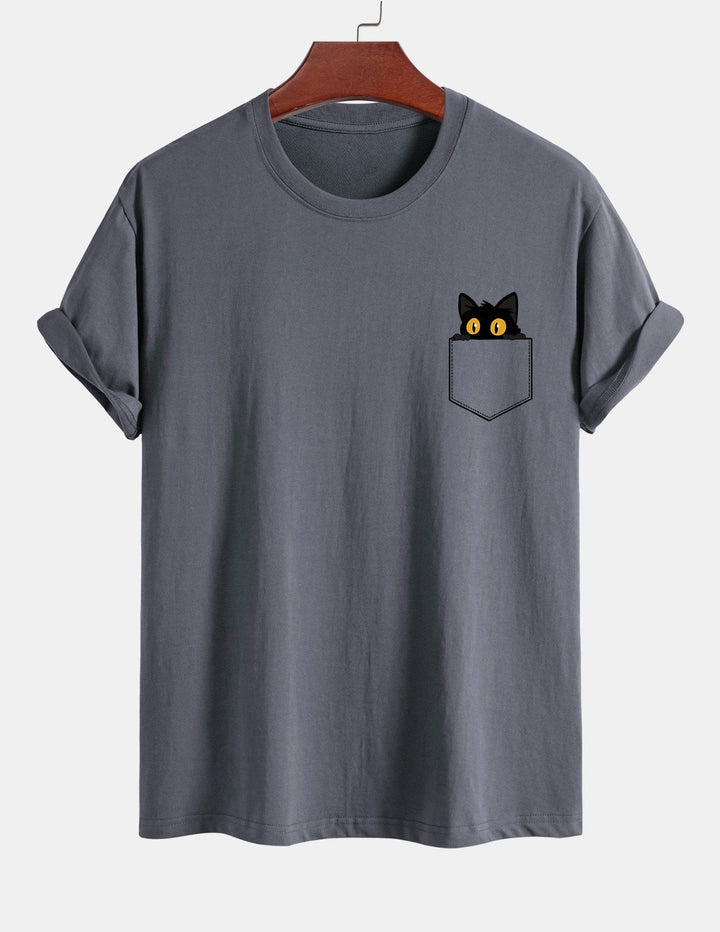 Regular Fit Black Cat Print Cotton T-shirt