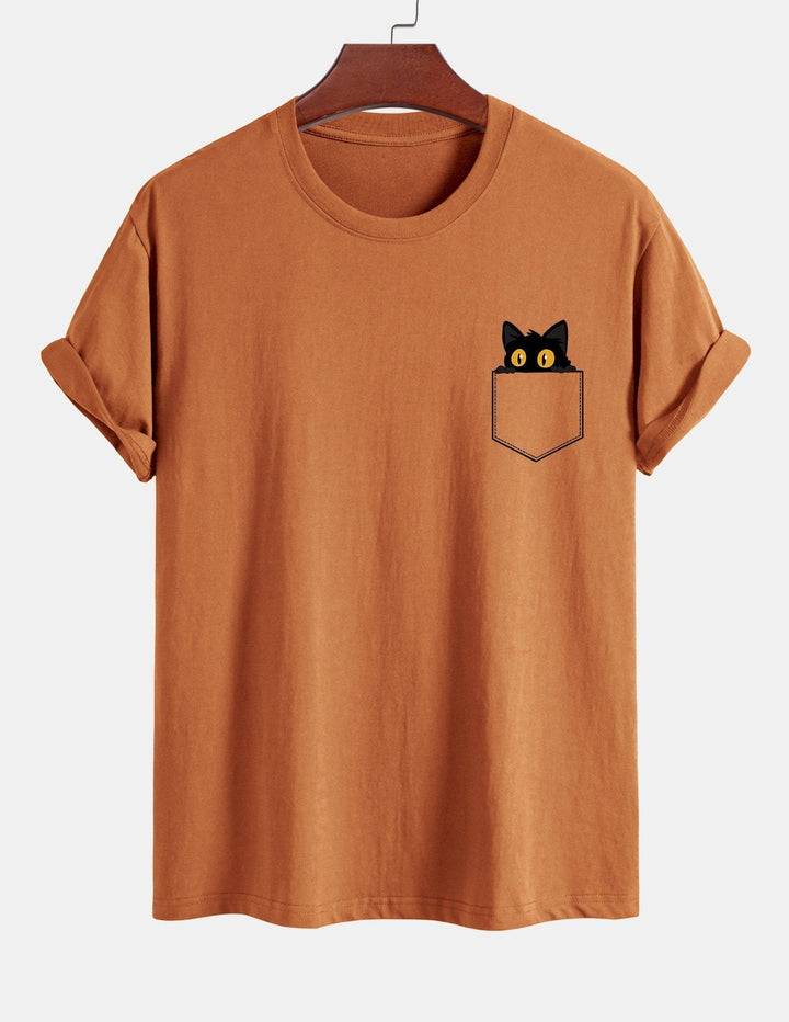 Regular Fit Black Cat Print Cotton T-shirt