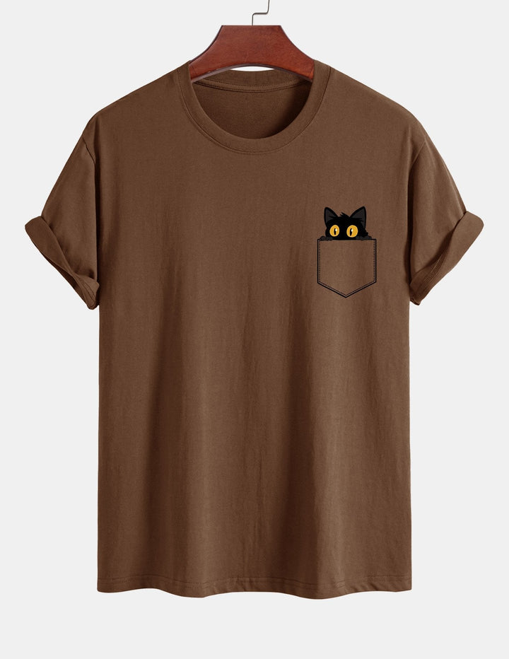 Regular Fit Black Cat Print Cotton T-shirt