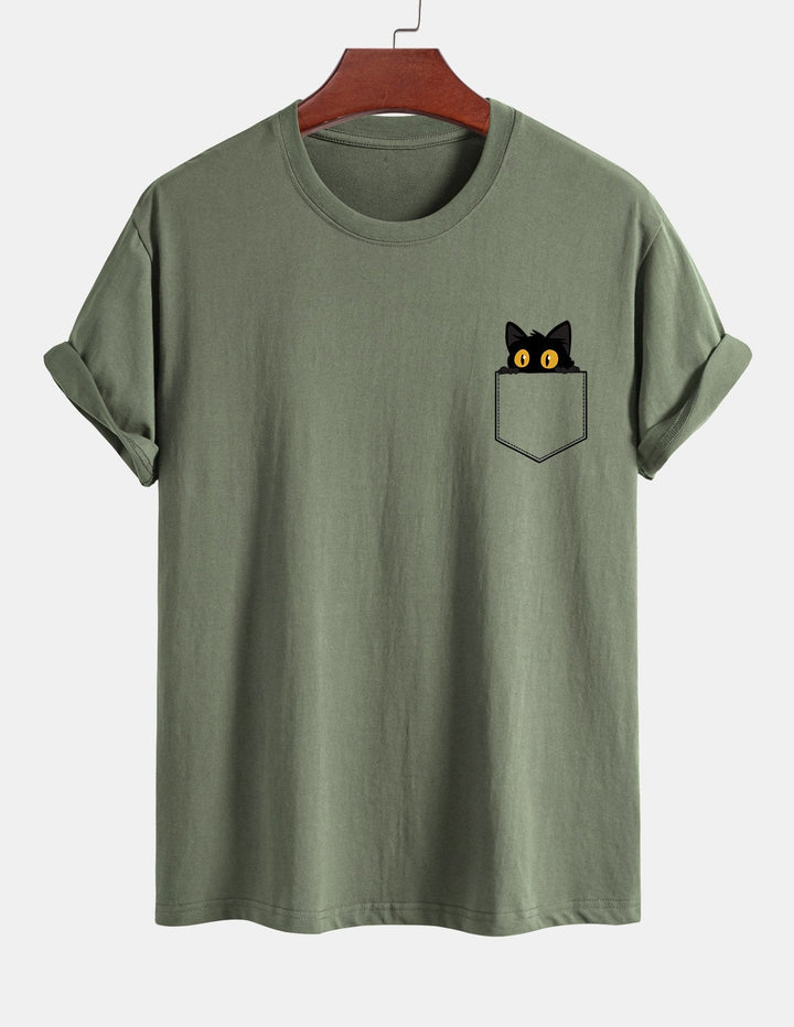 Regular Fit Black Cat Print Cotton T-shirt