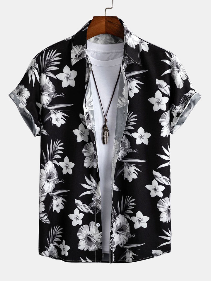 Tropical Floral Print Button-Up Shirt and Swim Shorts