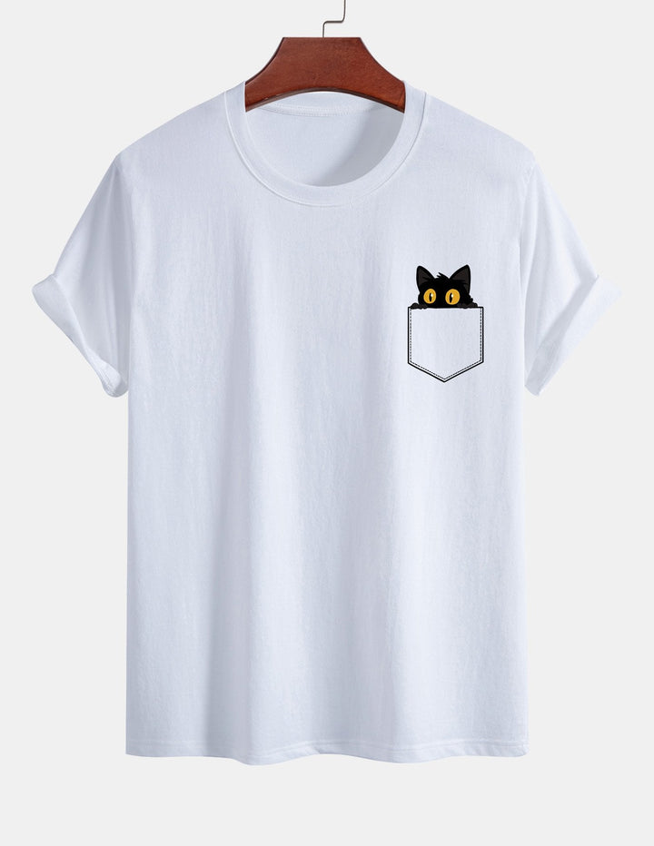 Regular Fit Black Cat Print Cotton T-shirt